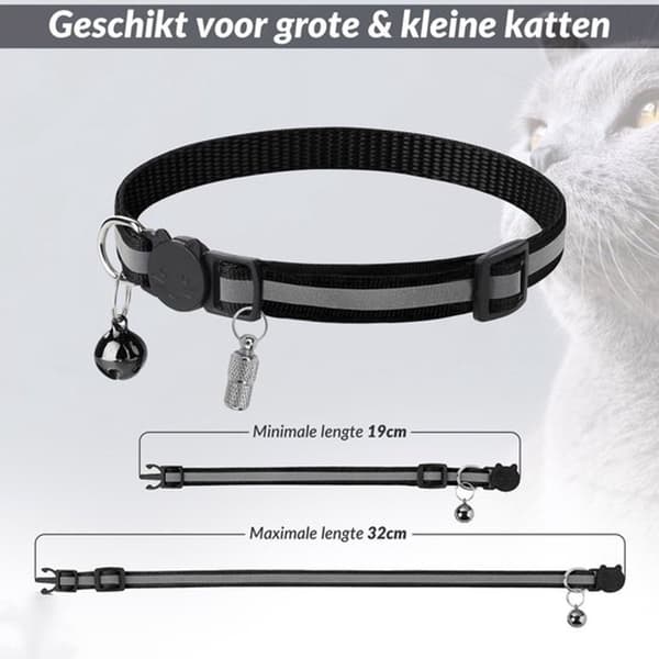 Reflekterende kattehalsbånd med klokke, blødt justerbart sikkerheds-quick-release-spænde, til katte og små hunde, sort, 19-32 cm