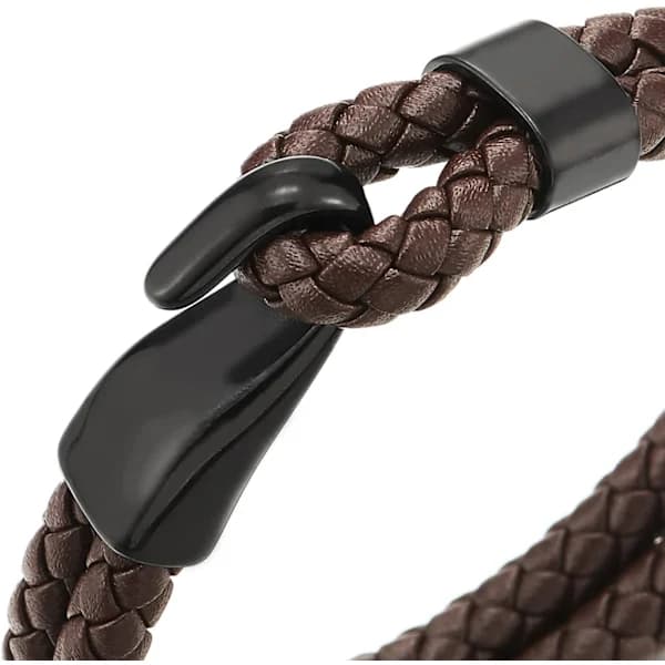 Toradet flettet læderarmbånd til mænd og kvinder, sort rustfrit stål kroglukning, til mænd og kvinder