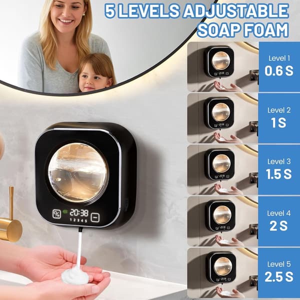 Automatisk skumsæbedispenser, berøringsfri infrarød sensor, 5-niveau justerbar, genopladelig, badeværelse køkken, sort, 320 ml
