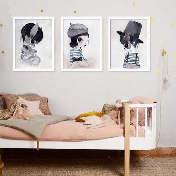 Wekity Kanin Flicka och Pojke Väggkonst Canvas Tryck Affisch, Enkelt Sött Akvarellkonst Ritning Dekor för Hem Vardagsrum Sovrum Kontor och Barnens r