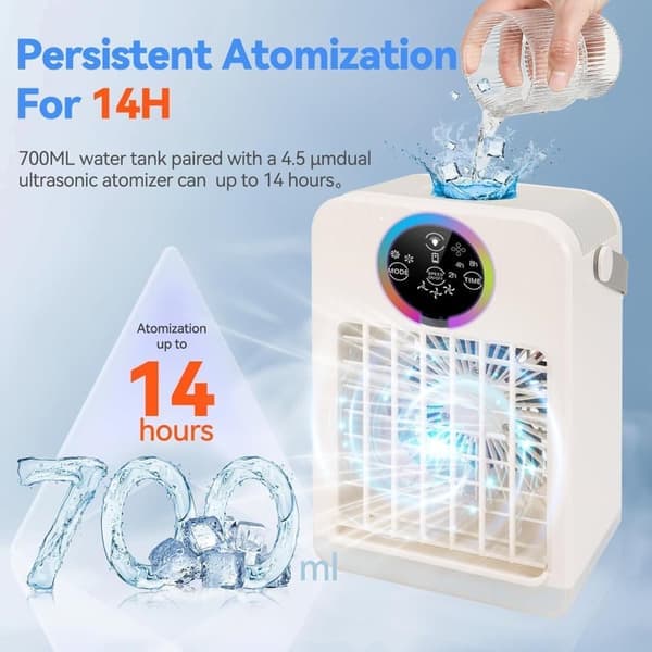 4-i-1 Luftkøler & Ventilator – Bærbar AC med Farveskær, Timer & Luftfugter, 700ML