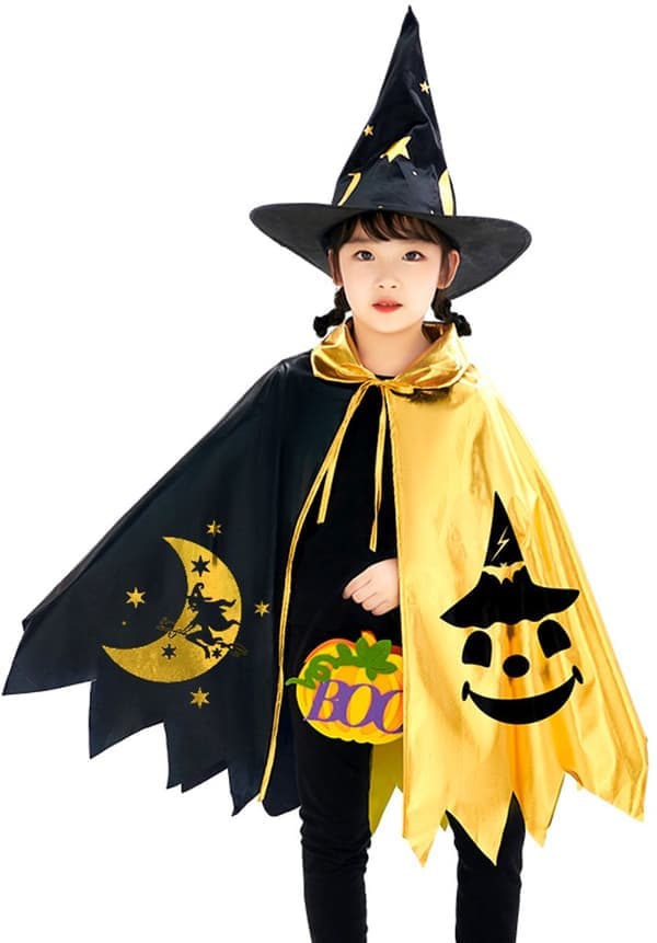 Troldmandskappe sæt - Sort og guld stjernemantel - Rollespilskostume til børn - Halloweenudklædning
