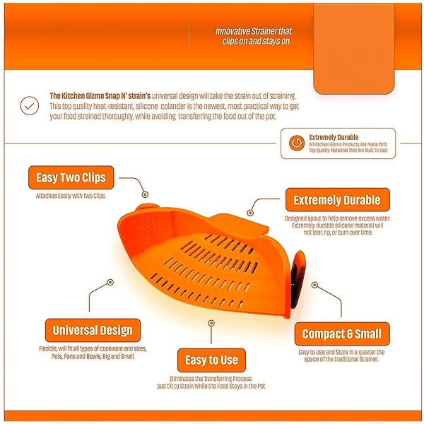 Sil, Gryte Side Drainer, Justerbar Silikonklips På Sil For Gryter, Panner Og Boller - Oransje