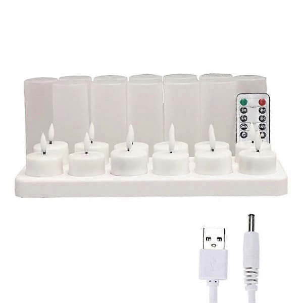 Flammeløse Lys Med Fjernkontroll Timer Ladestasjon, 12 stk USB Oppladbare Batteri LED Telys