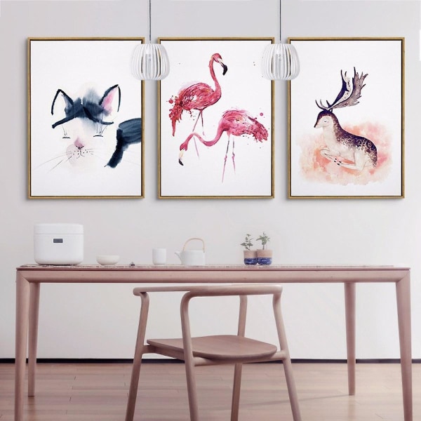 Wekity Katter, Flamingos och Älgar Väggkonst Canvas Tryck Affisch, Enkelt Mode Vattenfärg Konst Ritning Dekor för Hem Vardagsrum Sovrum Kontor och Barn