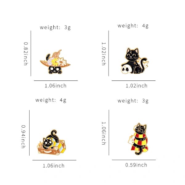 Sæt med 4 Halloween Søde Sorte Kat Emalje Pins Broche Sæt Tegneserie Magisk Kat Slagstift Tilbehør til B