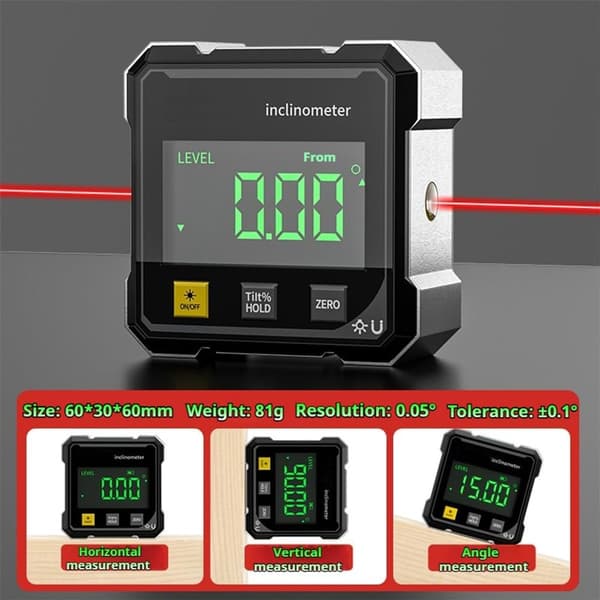 Digital vinkelmåler inklinometer, firesidet magnetisk base, baggrundsbelyst display, USB-opladning, til træbearbejdning og bordsave, sort
