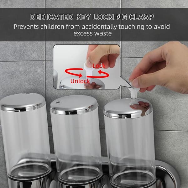 3-i-1 Vægmonteret Sæbedispenser, Uden Bor/Med Bor Installation, Shampoo Og Balsam, 304 Rustfrit Stål, Badeværelse, Transparent