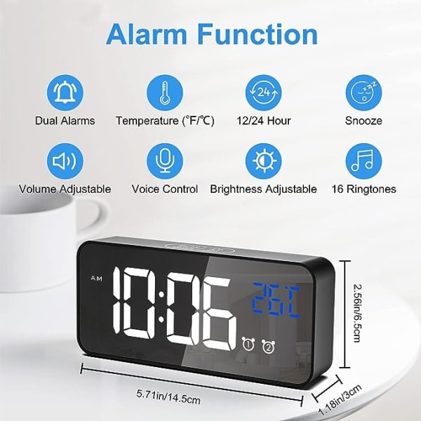 /HA/Digital väckarklocka, LED digital klocka, digital väckarklocka med temperatur/snooze/2 larm/12/24 timmar/USB-laddningsport/16 låtar (svart)