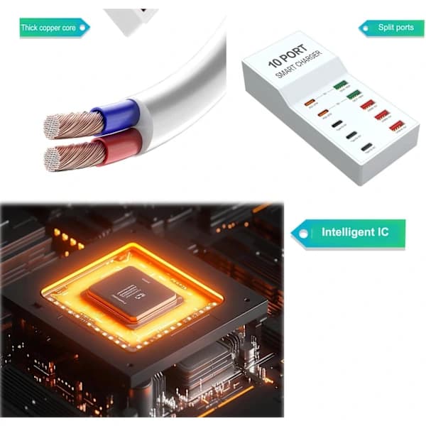 HA~10-Port 72W Multiladestation til Smartphones, Tablets og Andre USB-Enheder