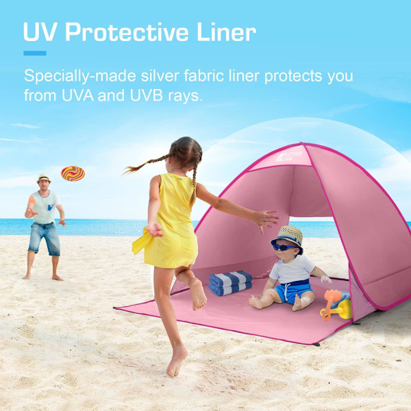 Utfällbart pop-up strandtält, UPF 50+ UV-solskydd, anti UV strandskydd för 2-3 personer, med bärväska och stakar - rosa