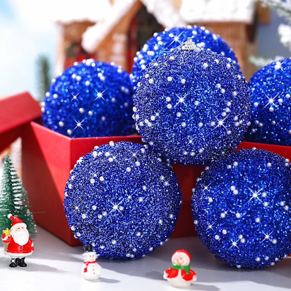 3.15 Inch 6 pcs Christmas Tree Ball Ornaments Glitter Sequin Foam Ornaments Hanging Christmas Ball Decorations (Blue)