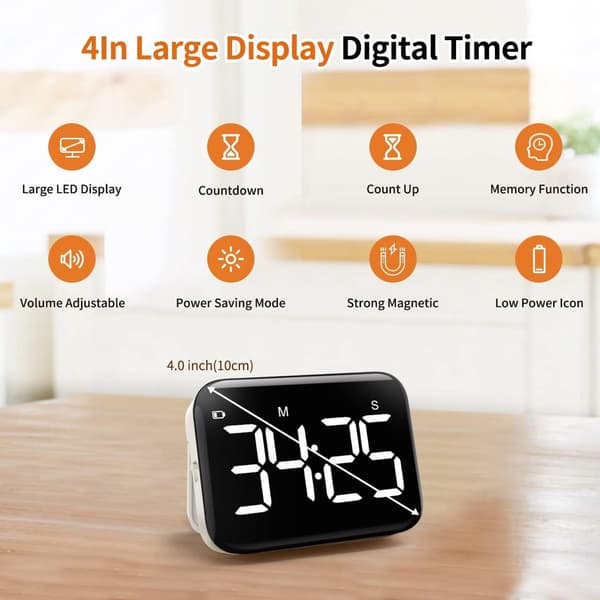 Digital køkkentimer med stort LED-display, magnetisk montering, justerbar lysstyrke og lyd, stopur til børn og ældre