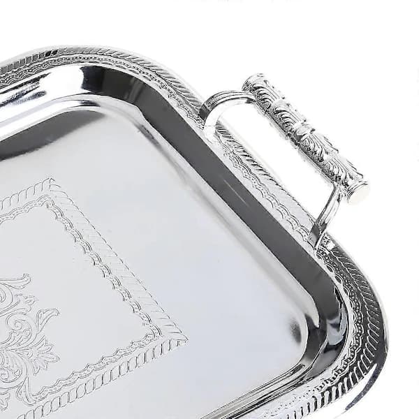 HA~Nordisk Serveringsbrett i Rustfritt Stål med Håndtak Elegant Rektangulær Kaffe Bar Mat Holder Dessert Display Tallerken Dekor Sølv S
