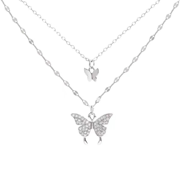 Vintage flerskiktad kristallfjärilshalsband Fjärilshänge Halsband Dubbel fjäril Choker Halsband Silver Spetskedja Halsband