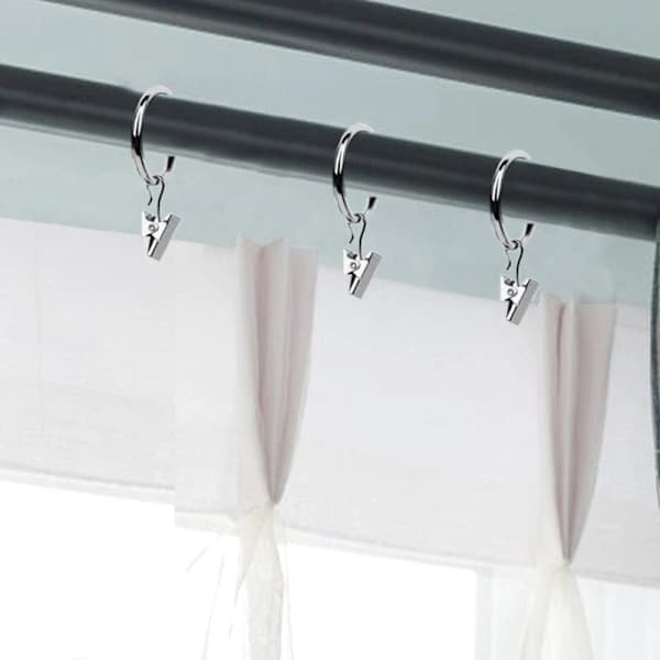 HA-30 st Gardinringar med Clips, Starka Draperiklämmor, Krokar för Spännstångsfäste - Silver