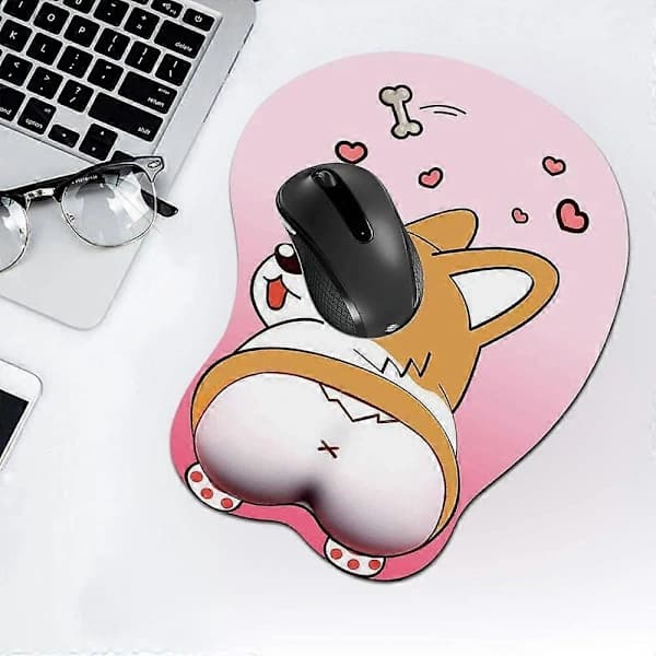 HA~3D Musematte med håndleddsstøtte, Ergonomisk myk silikongel gamingmusematte, Søt Corgi Hund Anime Musematte for PC Laptops (Rosa)