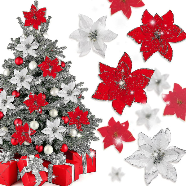 40pcs Poinsettia Artificial Christmas Flowers With 40pcs Clips And 40pcs Stems Red Silver Xmas Flowers Glitter