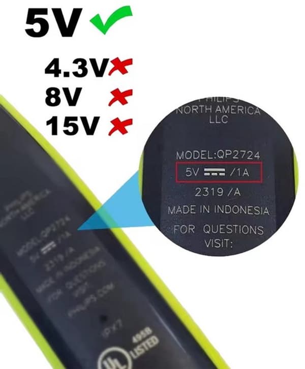 Erstatningsadapter og USB-kabel til Philips CP1788, 5V 1A, 100-240V, 1m, kompatibel med OneBlade trimmere og barbermaskiner, sort