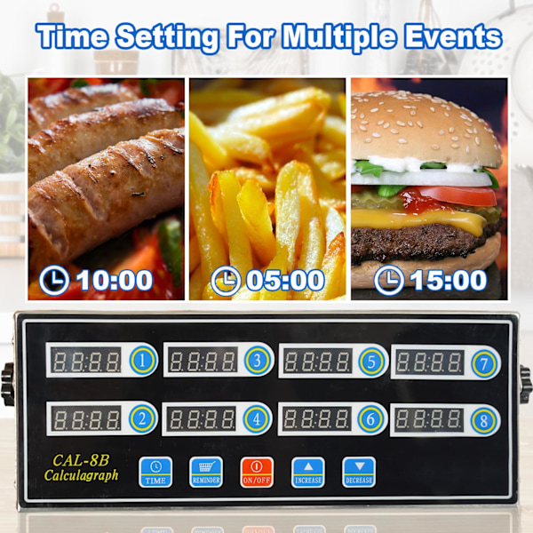 Kaupallinen 8-kanavainen digitaalinen keittiöajastin, ruostumattomasta teräksestä valmistettu laskuriajastin kovalla hälytyksellä ravintolaan, kello muistutus