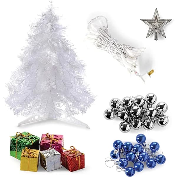 HA-58 cm Small White Christmas Tree with Warm White LEDs - DIY Tabletop Mini Artificial Christmas Tree with Star Topper