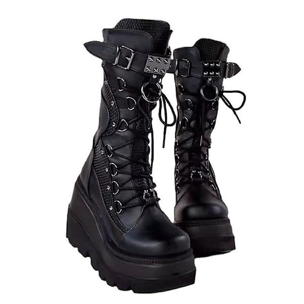 /HH/Plattformsstövlar dam Spänne Rem Punk Goth Boot Dam Gotiska Snörskor Sz Svart Svart EU 38