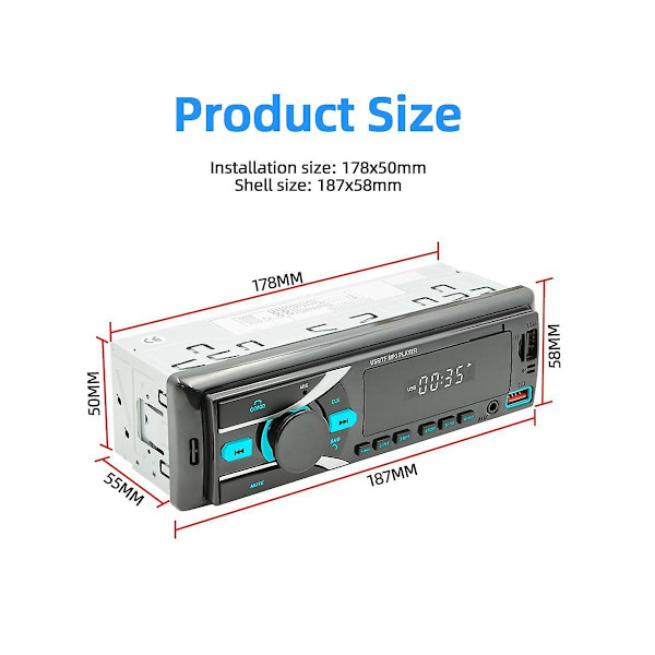 Auton radio, autoradio Bluetooth, yksi DIN MP3-soitin, jossa sovellusohjaus, AM FM -radio, Aux-tulo, 2 USB-porttia