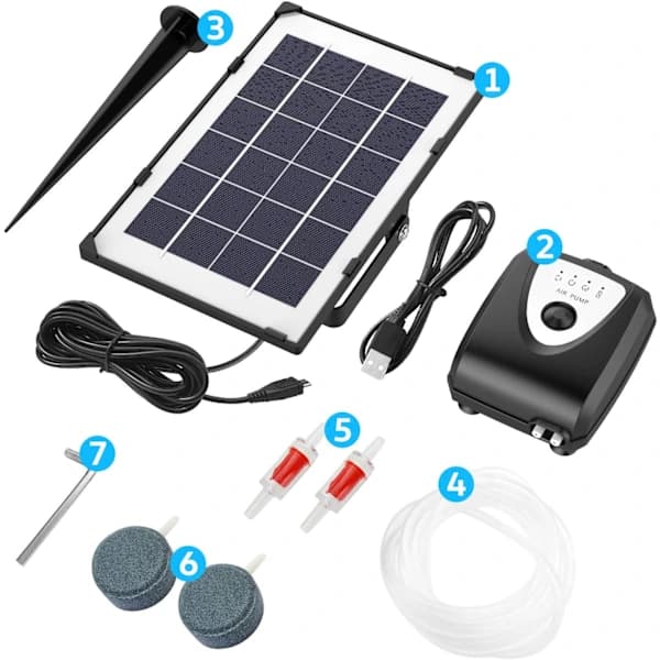 HA-Solarluftpumpe, akvarielufter, damlufter, med akvarieslange og luftsten (Blå)