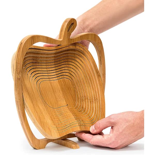 HA~Vikbar Äppelformad Korg: Hopfällbar Fruktskålshållare i Bambu med Äppeldesign, Naturbrun