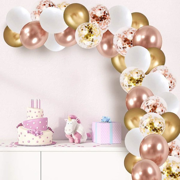 Rose Gold Konfettilatexballoner, 60 stk. 12 tommer Hvid Metallic Guld Festballon med 33 Ft Rose Gold Bånd til Fødselsdag Bryllupsdag