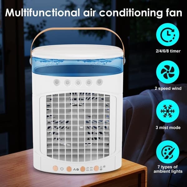 Mini Luftkylare 4-i-1 med 600ml Vattentank – Mini Luftkonditionering för Sovrum, Kontor, Bil & Camping