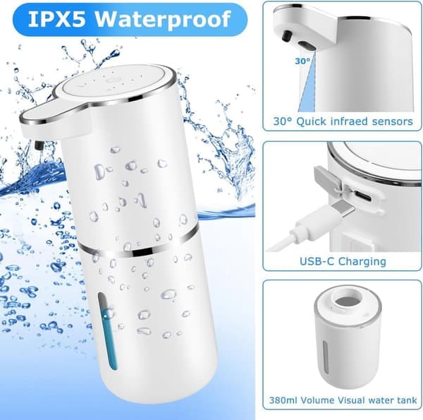 Automatisk såpedispenser - Såpedispenser - 380ml såpedispenser Berøringsfri såpedispenser - USB-C oppladbar - 2pk