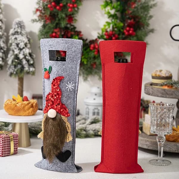 Gray and Red Hat Christmas Wine Bottle Cover for Dinner Table Decorations and Tableware, Perfect for Christmas Gift Bag