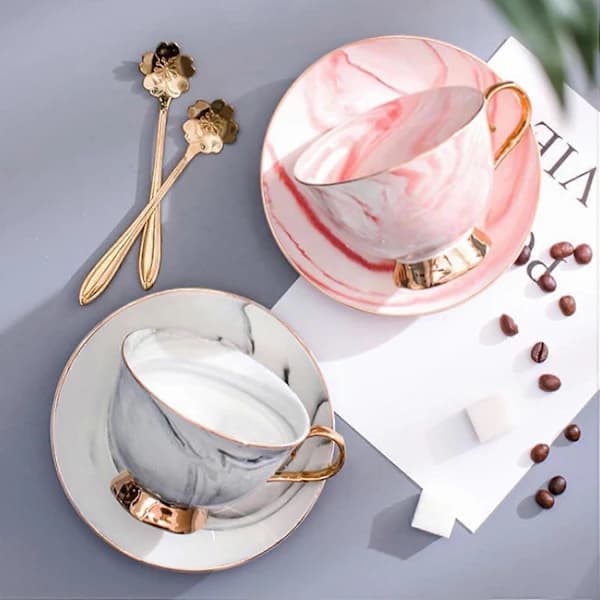 HA~Marmor Keramisk Kopp och Fat Set Kamelia Mönstrad Benporslin Kaffemugg Tekopp Guld Kant med Kaffekopp, 200ml (Rosa)