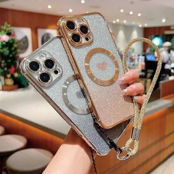 Cover til iPhone 16 Pro Max Kompatibel med MagSafe TPU Telefon Cover med Rem Hjerte Gradient Glitter