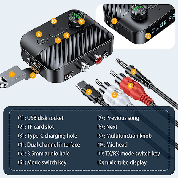 Bluetooth 5.3 mottaker sender stereo LED-skjerm U-disk 3,5 mm AUX RCA trådløs håndfri samtale musikk lydadapter for TV-bil