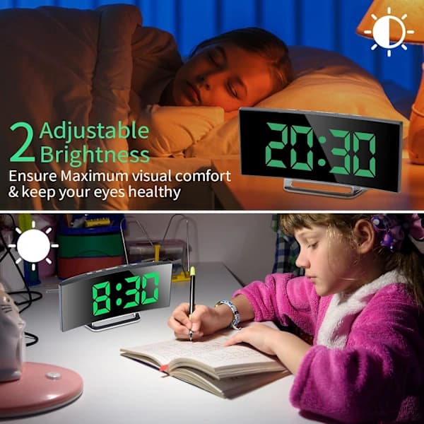 Digital Väckarklocka för Sovrum, 7\" LED-Spegelskärm, 2 Ljusstyrkor, 12/24H, USB-Driven, Minnesfunktion (Grön)