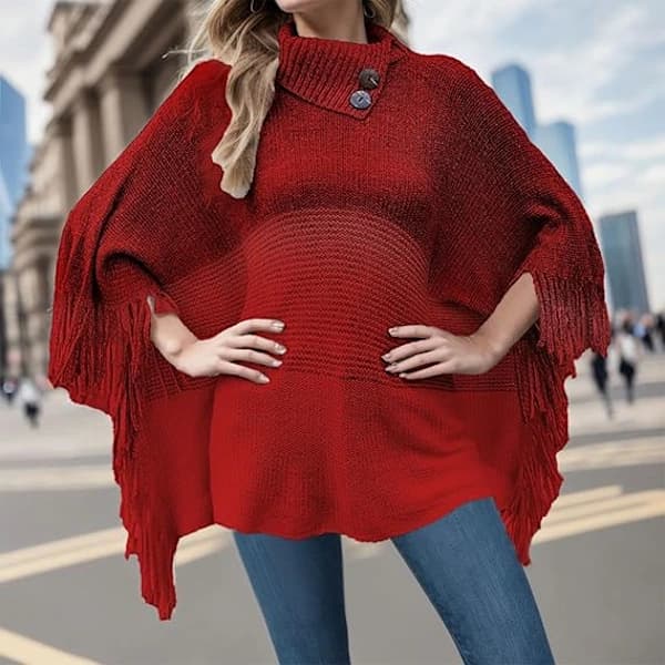 Poncho Sjal for Kvinner, Overdimensjonert Vintersjal, Strikket Poncho Pullover Varm (Rød)