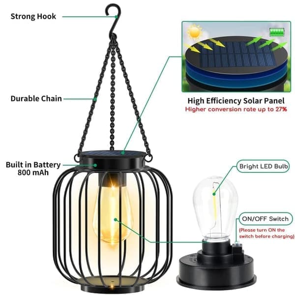 2-pack Solar Lanterns Outdoor Metal, Upgraded Hanging LED Lights, Waterproof & Bright