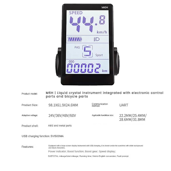 M6h Elektrisk cykel LCD-displaymätare instrumentpanel 24v 36v 48v 60v Universal E Scooter LCD-panelskärm