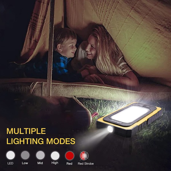 COB uppladdningsbar LED-verkstadslampa för inspektion av arbetsljus för campingvandring och nödsituationer (USB + solladdare, gul) [Energiklass A+]