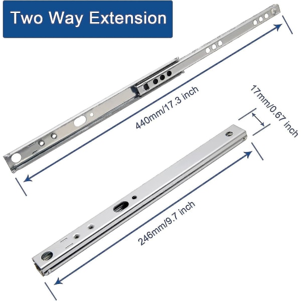 Suiwotin 9,7 tum lådskenor, metallådskena, små lådskenor, kullager tvåvägs skjutspårskena, 2-pack (0,7 tum bred)