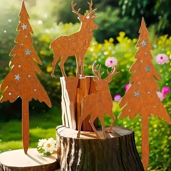 4-pack Metalldekorationer för Jul – Älg & Julgranar i Järnkonst för Trädgård & Gräsmatta