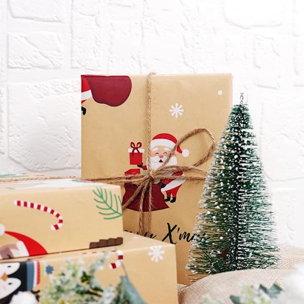 20-pack julpapper, kraftpapper - snöflingor, bilar och julgranar, ränder och God Jul-