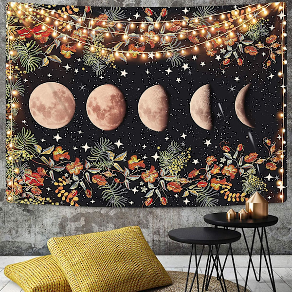 Boutique Moonlit Garden Gobelin, Gobelin med månefaser Blomsterranke Gobelin Svart Bakgrunn Floral