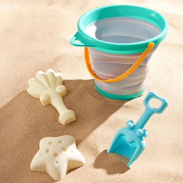HA~Strandlekesett Sandleker for barn, sammenleggbare silikonbøtter med spader og formstøpt sandform. Blå