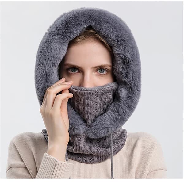 Dam vinter one-piece lös ullmössa halsduk mask dragsko varm tröja luva stickad mössa grå