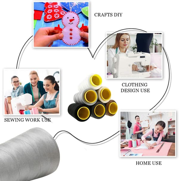 6 ruller polyester sergertrådskoner 3000 yards hver til syning Overlock quiltningsmaskiner Sort Hvid Beige Grå Mørk Kaffe