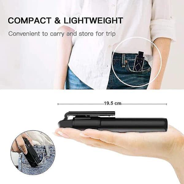 Bluetooth Selfie Stick Stativ med fjernkontroll, Roterende Selfie Stick