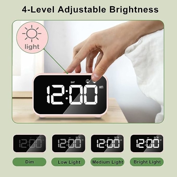/HA/LED digitalt vækkeur med snooze-funktion, 12/24H USB-genopladelig spejloverflade til kontor i soveværelset